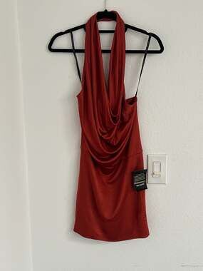 Black Halo Rust Red Cowl Neck Halter Satin Mini Dress